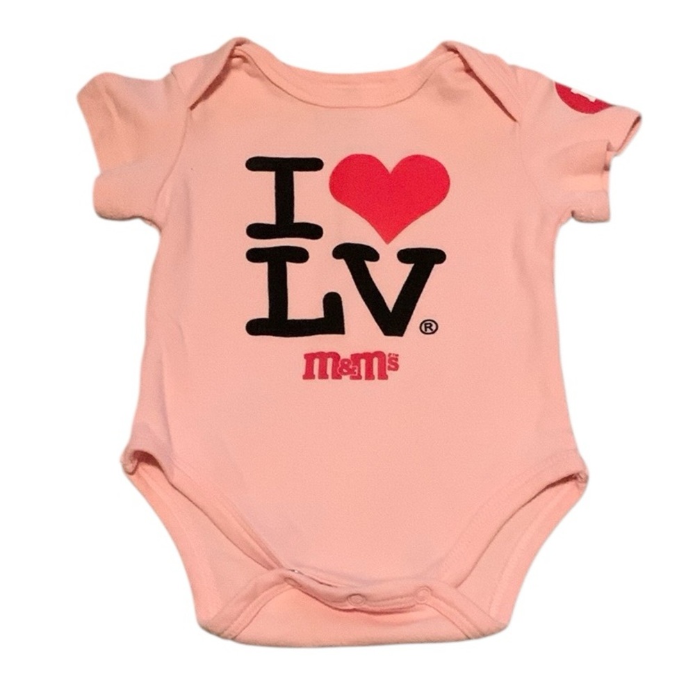 M&M’s I Heart Love LV Las Vegas Pink Bodysuit Girl’s Size 6 Months Cotton